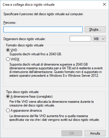Creazione disco virtuale su Windows